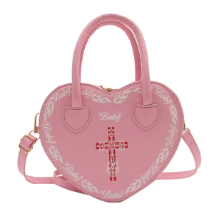 Pink heart-shaped punk bag with rivet studs and white cross flame design for women