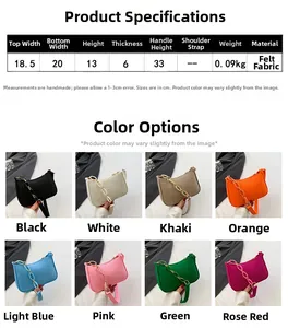 Size chart and color display for felt underarm bags with chain straps in eight colors