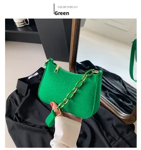 Detail of green crocodile embossed crescent bag with acrylic chain and leather strap