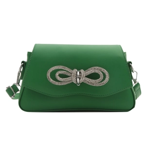 Sac à main vert en cuir avec boucle nœud en diamant et rabat au design ondulé