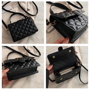 Detailed four-grid view of black quilted crossbody bag with gold hardware and flap closure