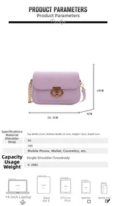 Infographie montrant le sac selle violet 22,5x16x6cm et les détails du matériau en PU