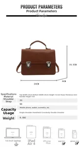 Detailed size chart for the retro brown PU leather satchel showing dimensions and capacity