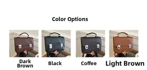 Detail view of four vintage messenger bags in dark brown, black, coffee, and light brown