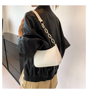 Detailed close-up of white crocodile pattern shoulder bag with gold chain link strap