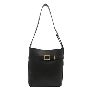 Minimalist black bucket shoulder bag with adjustable strap and golden square buckle detail