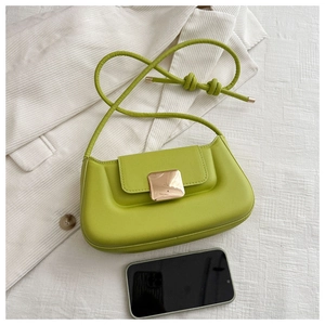 Minimalist green faux leather shoulder bag with golden square buckle and size reference