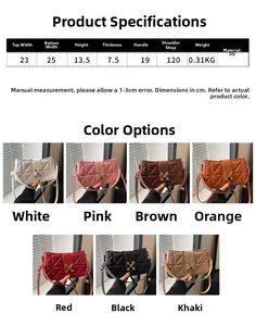 Size chart showing 25cm width and 13.5cm height for quilted PU leather handbag