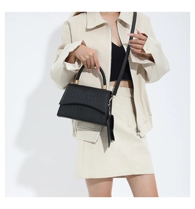 Chic black crocodile embossed crossbody bag with braided handle shown on a model