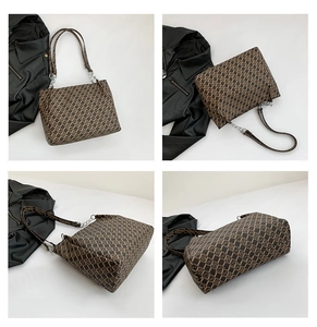 Multiple views of large brown patterned tote bag showing spacious base and chain straps