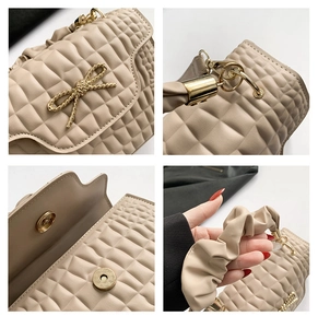 Detail shots of beige quilted crossbody bag with gold bow clasp and ruched cloud handle
