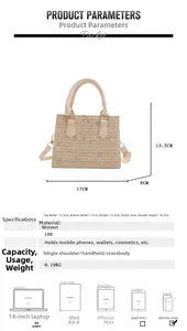 Detail of woven straw handbag with floral embroidery and detachable shoulder strap