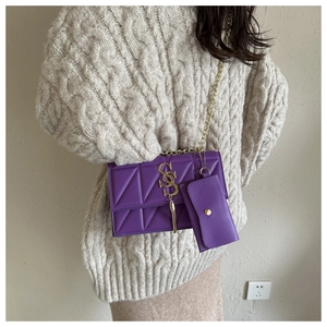 Detail of purple quilted crossbody bag with gold chain strap and matching coin purse