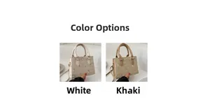 Detail of straw woven square handbags in white and khaki with floral embroidery