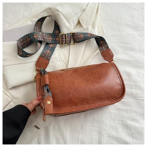 Retro brown PU leather crossbody bag with stylish ethnic pattern wide strap for women
