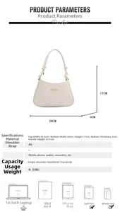 Detailed size guide for beige PU shoulder bag with dimensions and capacity specifications