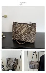 Detail of coffee monogram tote bag with chain strap and elegant quilted pattern texture
