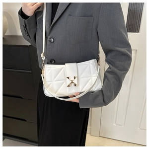 Chic white quilted underarm bag for women with geometric gold lock and adjustable strap