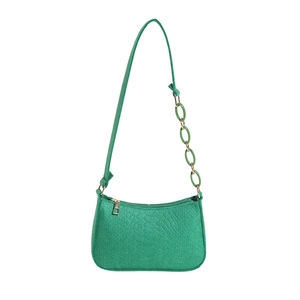 Green crocodile pattern shoulder bag with circular strap links and golden zipper