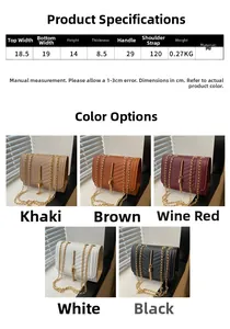 Detailed size chart and five color variants of V-quilted chain tassel crossbody bags