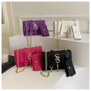 Quilted crossbody chain bag set with gold SS buckle in black, white, purple and pink