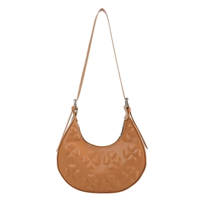 Brown leather hobo shoulder bag featuring embossed four-leaf clover patterns and top zipper