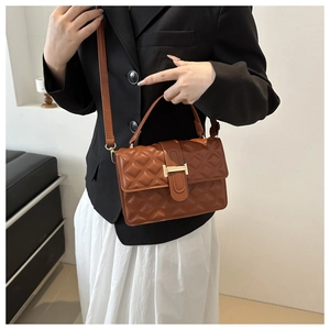 Brown quilted crossbody bag with gold metal clasp shown on a model in a black blazer