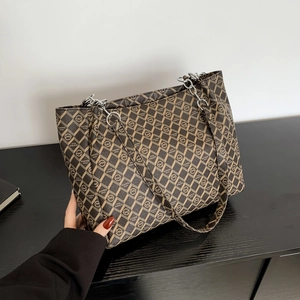 Brown checkerboard pattern tote bag with silver chain handle for women's casual style