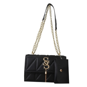 Classic black quilted shoulder bag with gold metal logo and chain strap set