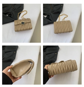 Détails sous quatre angles du sac à bandoulière matelassé kaki avec chaîne dorée et fermoir