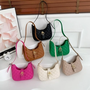 Chic Women Quilted Underarm Bag PU Leather Rhombic Pattern Hobo Shoulder Handbag With Gold Tone Buckle