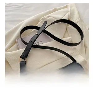 Detail of adjustable black leather strap with gold buckle on a stylish saddle bag