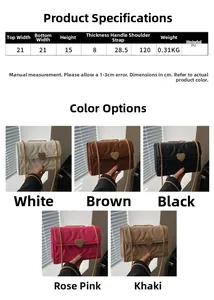 Detailed spec chart of quilted heart PU crossbody bags with golden chain straps and color options