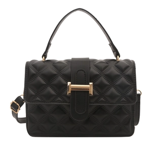 Elegant black quilted shoulder bag with diamond pattern and gold metal T-lock closure
