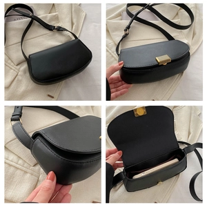 Four views of a black faux leather saddle bag with gold clasp and adjustable strap