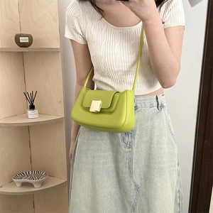 Minimalist neon green faux leather underarm shoulder bag with a square gold metal buckle