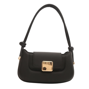 Minimalist black leather shoulder bag with gold square buckle and knotted strap detail