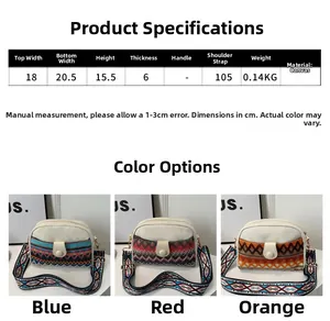 Guide des tailles et dimensions du sac bandoulière ethnique en toile, trois coloris