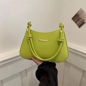 Women Fashion PU Leather Shoulder Bag Knotted Strap Gold Metal Bar Underarm Bag Simple Square Crossbody Handbag