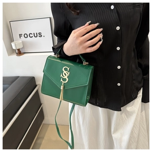 Detailed view of dark green square handbag featuring a gold S-hook and tassel charm