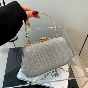Elegante borsa da sera con paillettes argento e manico circolare in metallo oro