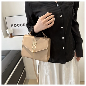 Detail view of khaki leather handbag featuring V-shaped flap and golden fringe tassel