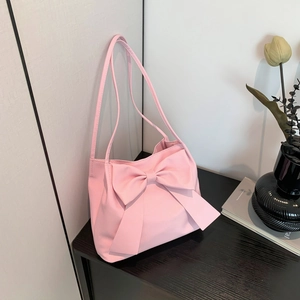 Pink minimalist large bow tote bag for women with elegant dual shoulder straps