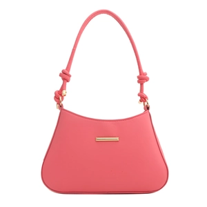 Minimalist pink underarm shoulder bag with gold metal trim and knotted strap details