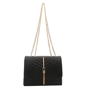 Classic black chevron quilted shoulder bag with gold chain strap and tassel detail