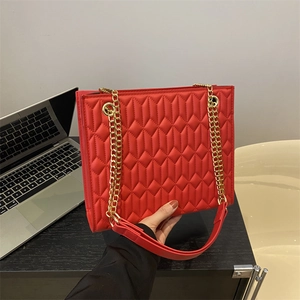 Chic red quilted plaid square bag with gold chain strap for women fashion
