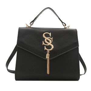 Classic black French minimalist crossbody bag with golden SS logo and fringe details