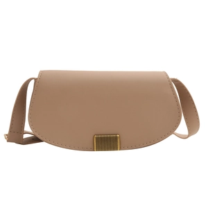 Minimalist beige semi-circular saddle bag with golden clasp buckle and leather strap