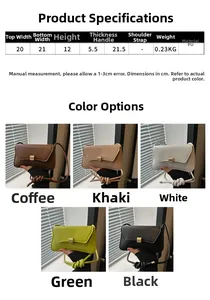 Detailed size chart for the PU leather shoulder bag with five color options displayed