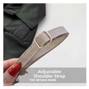 Detail of light purple PU leather adjustable shoulder strap with gold square buckle